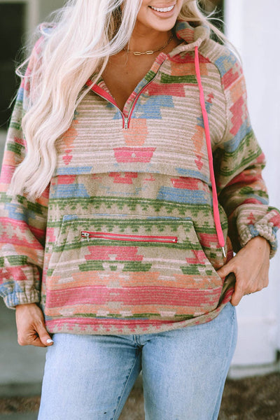 Aztec Quarter Zip Pocketed Hoodie: Multicolor