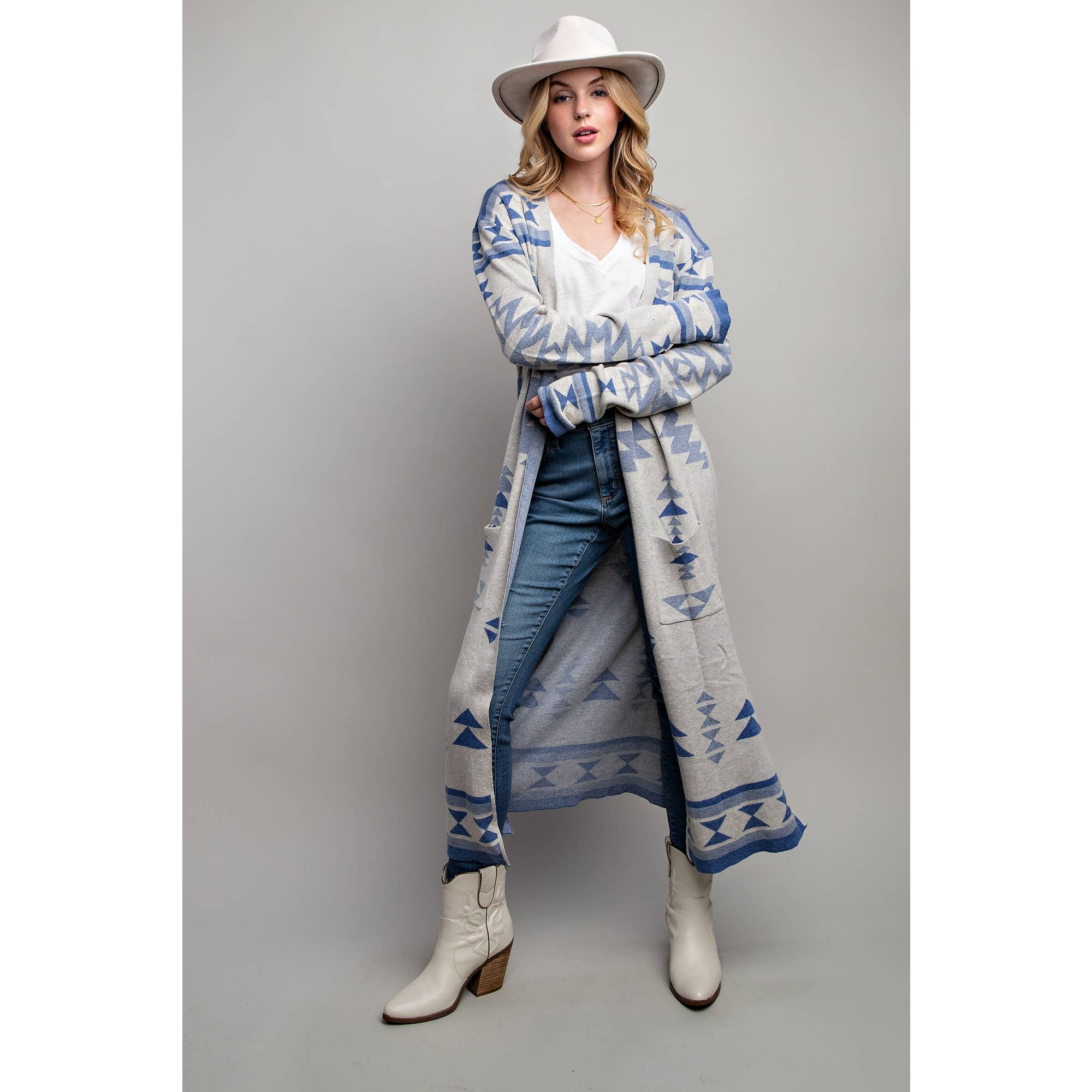 AZTEC PATTERN LONG CARDIGAN: Blue Multi