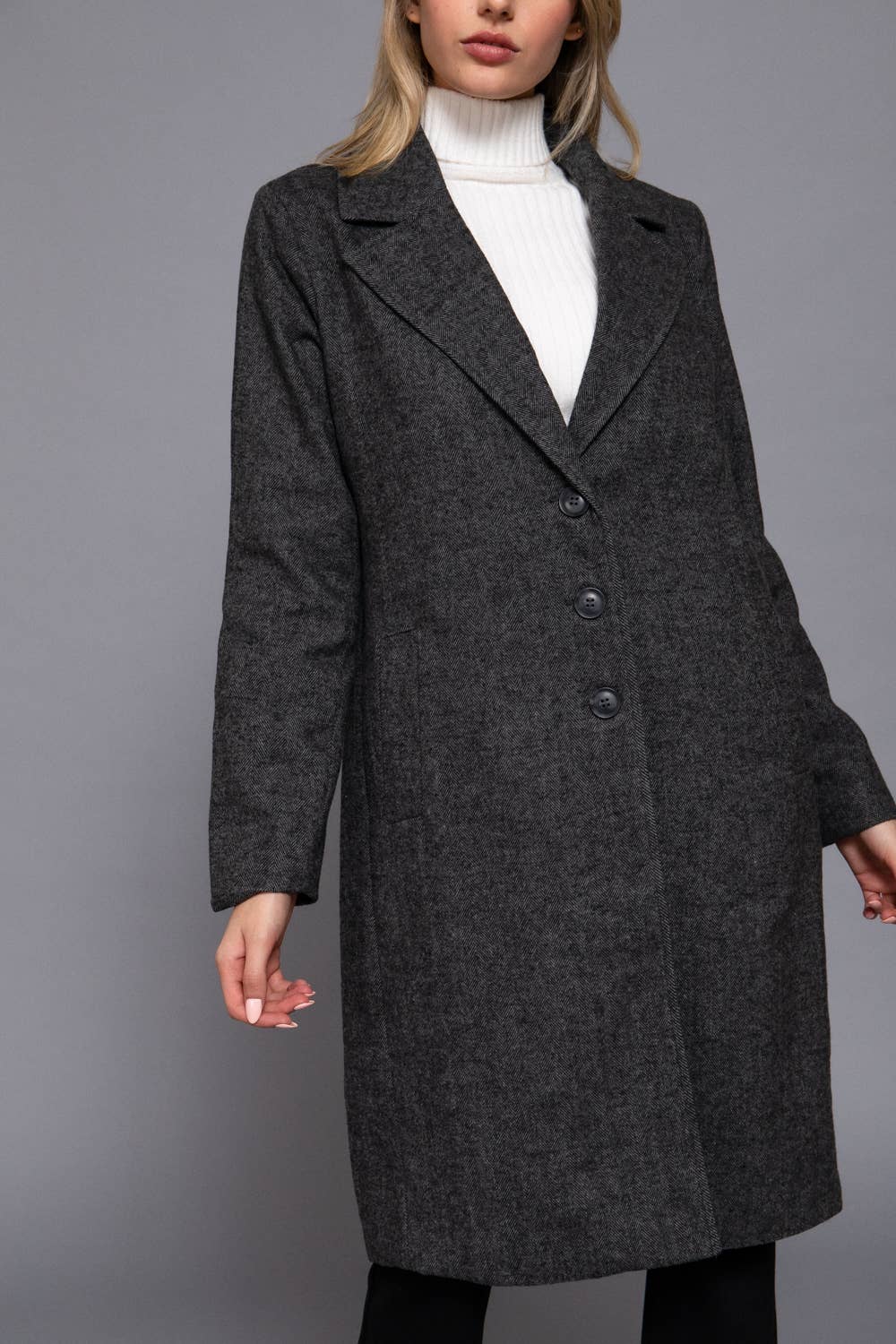 Herringbone Single Breasted Waist Fitted Long Coat: HCH-charcoal