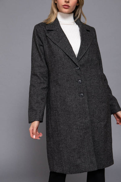 Herringbone Single Breasted Waist Fitted Long Coat: HCH-charcoal