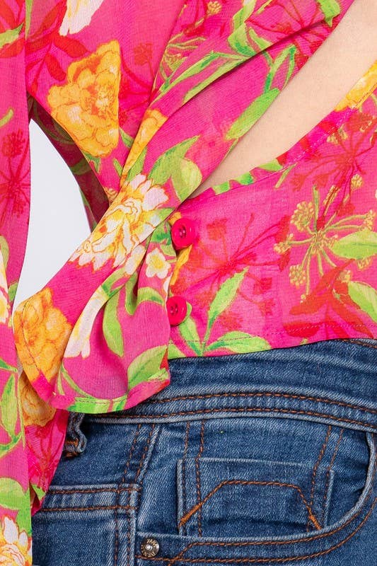 Surplice Floral Print Chiffon Blouse: Hpk-Fuchsia