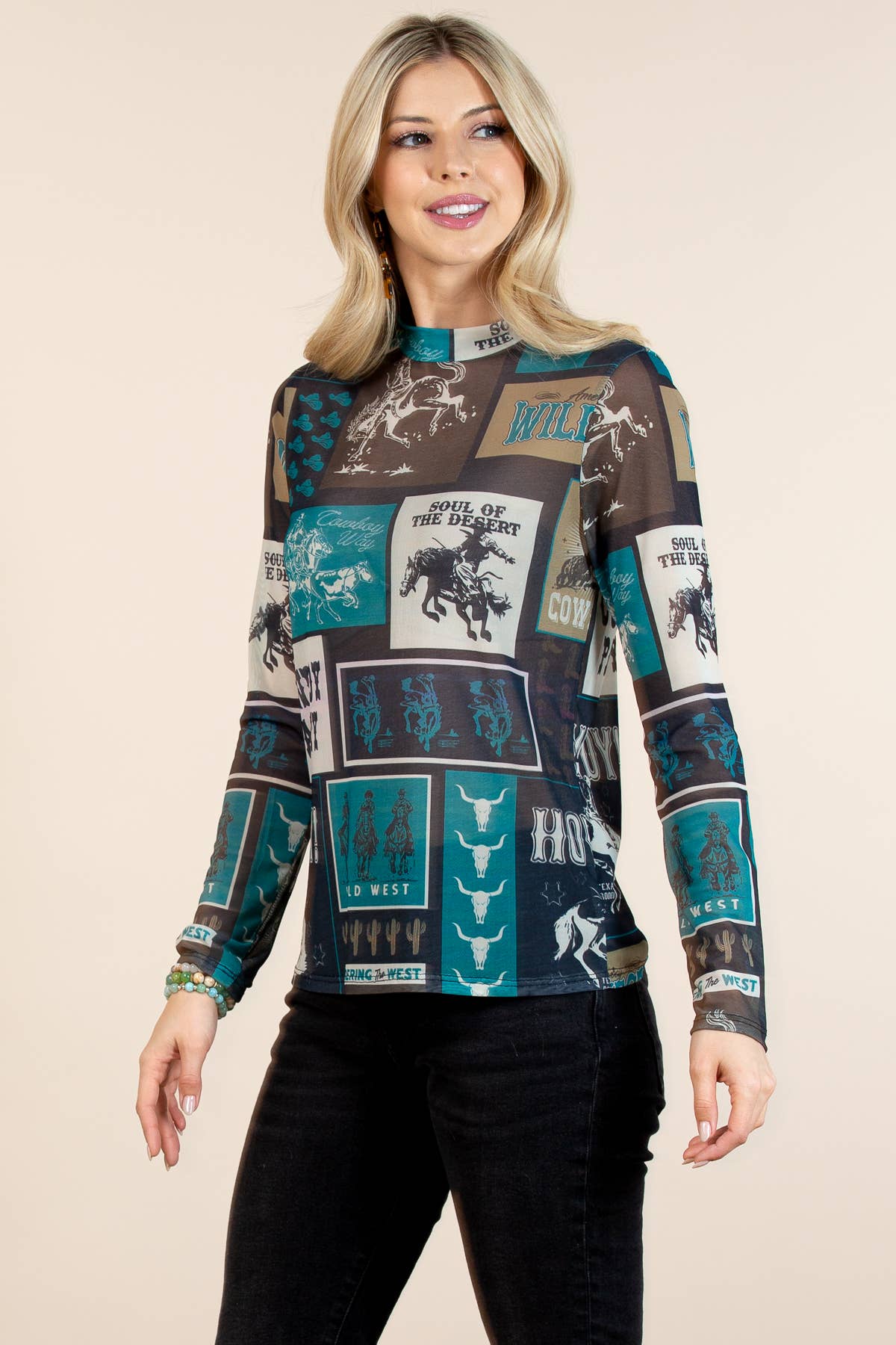 T1502-6010A-Remini Teal Cowboy Party Mesh Print Mock Neck To: WESTERN PRINT