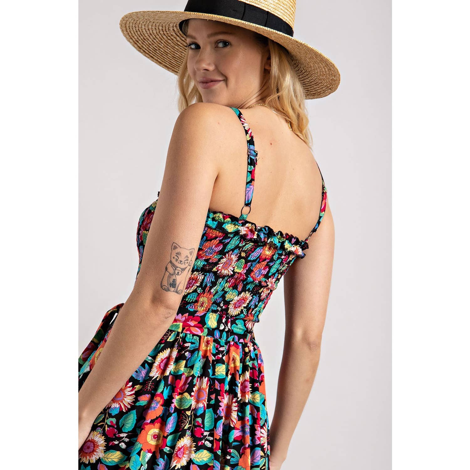 FLOWER PRINT SMOCKING DRESS: Black Combo
