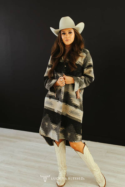 Grey Black Aztec Button Down Coat