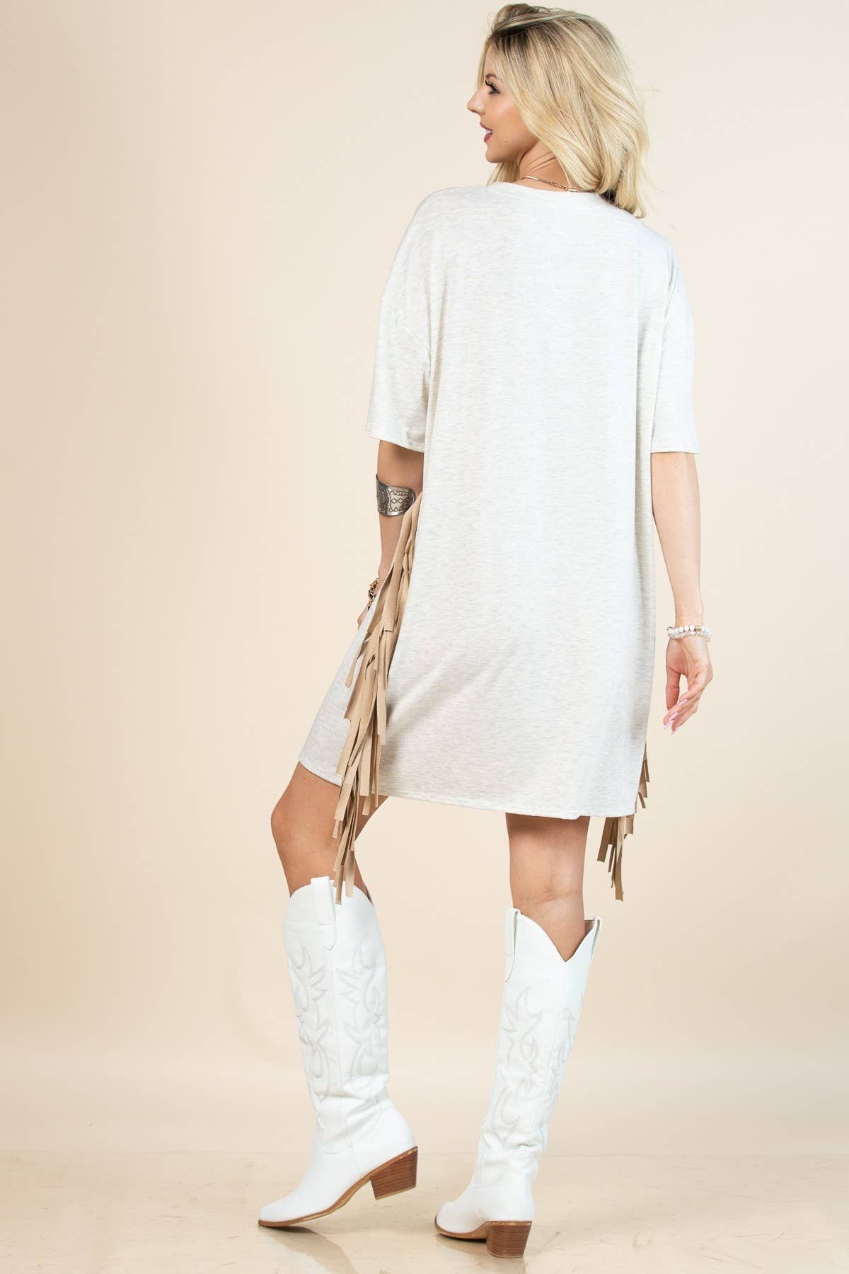 D1593-5234-Gaia Western Wild Soul Print T Shirt Dress: Beige