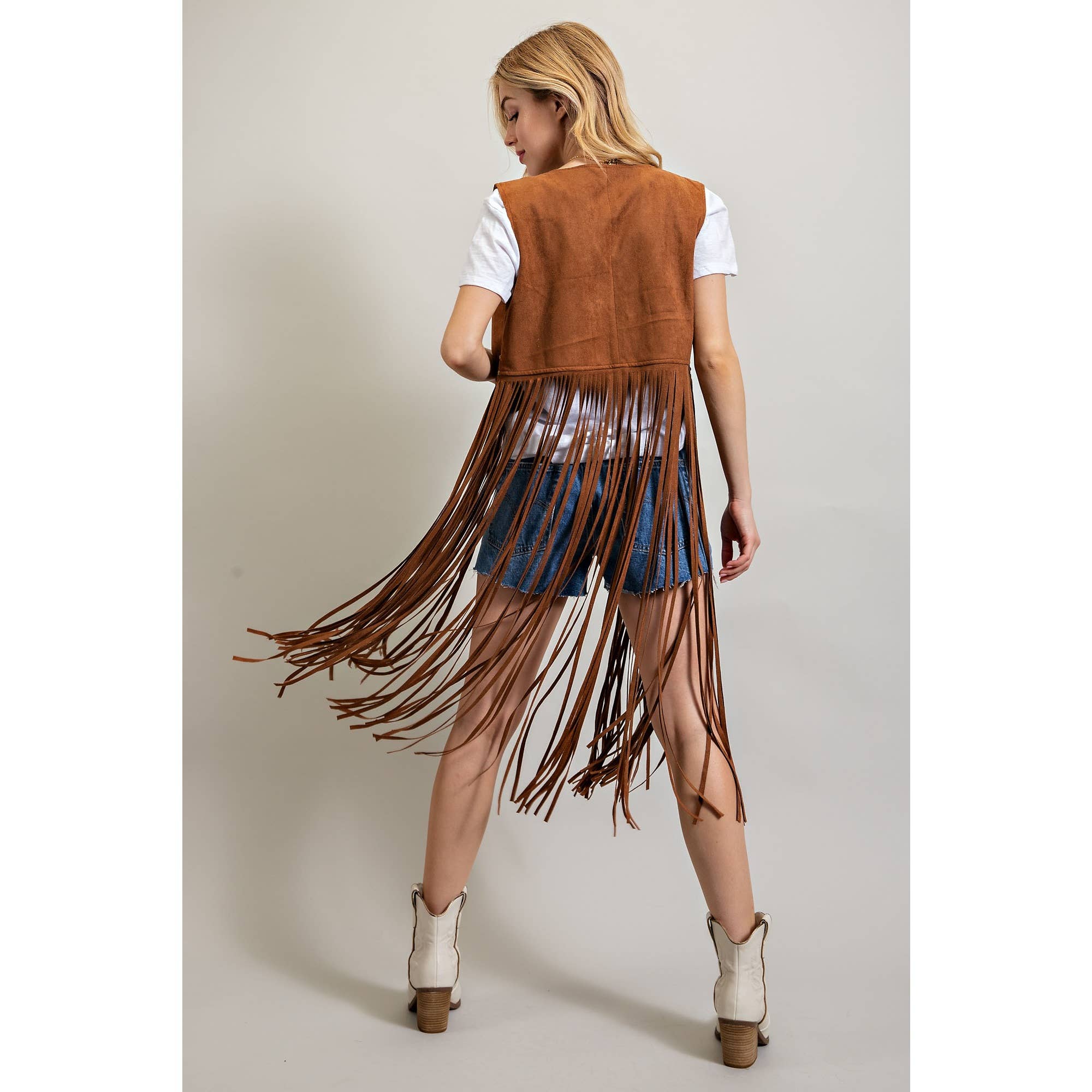 SUEDE STUDDED DETAIL FRINGE HEM VEST