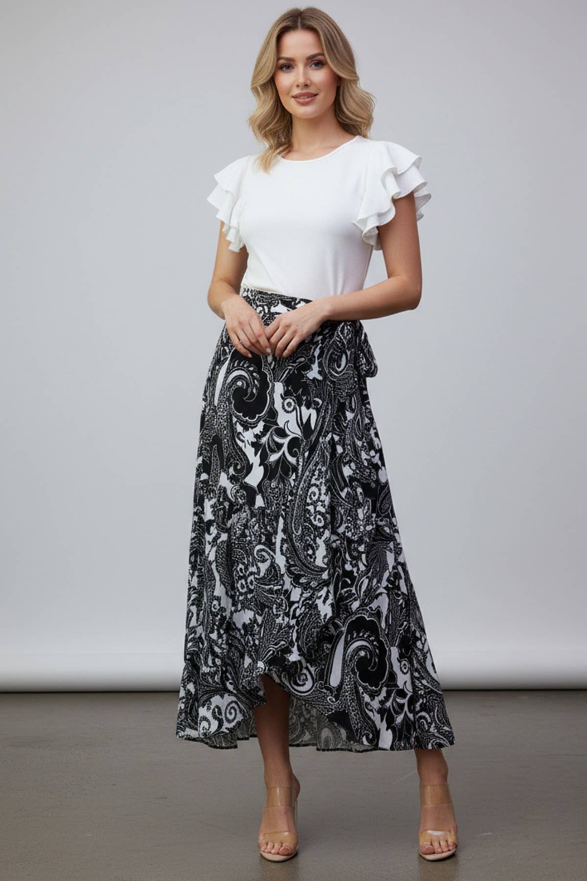 S1050-6902B-Selena Paisley Print High Waist  Wrap Skirt: Black