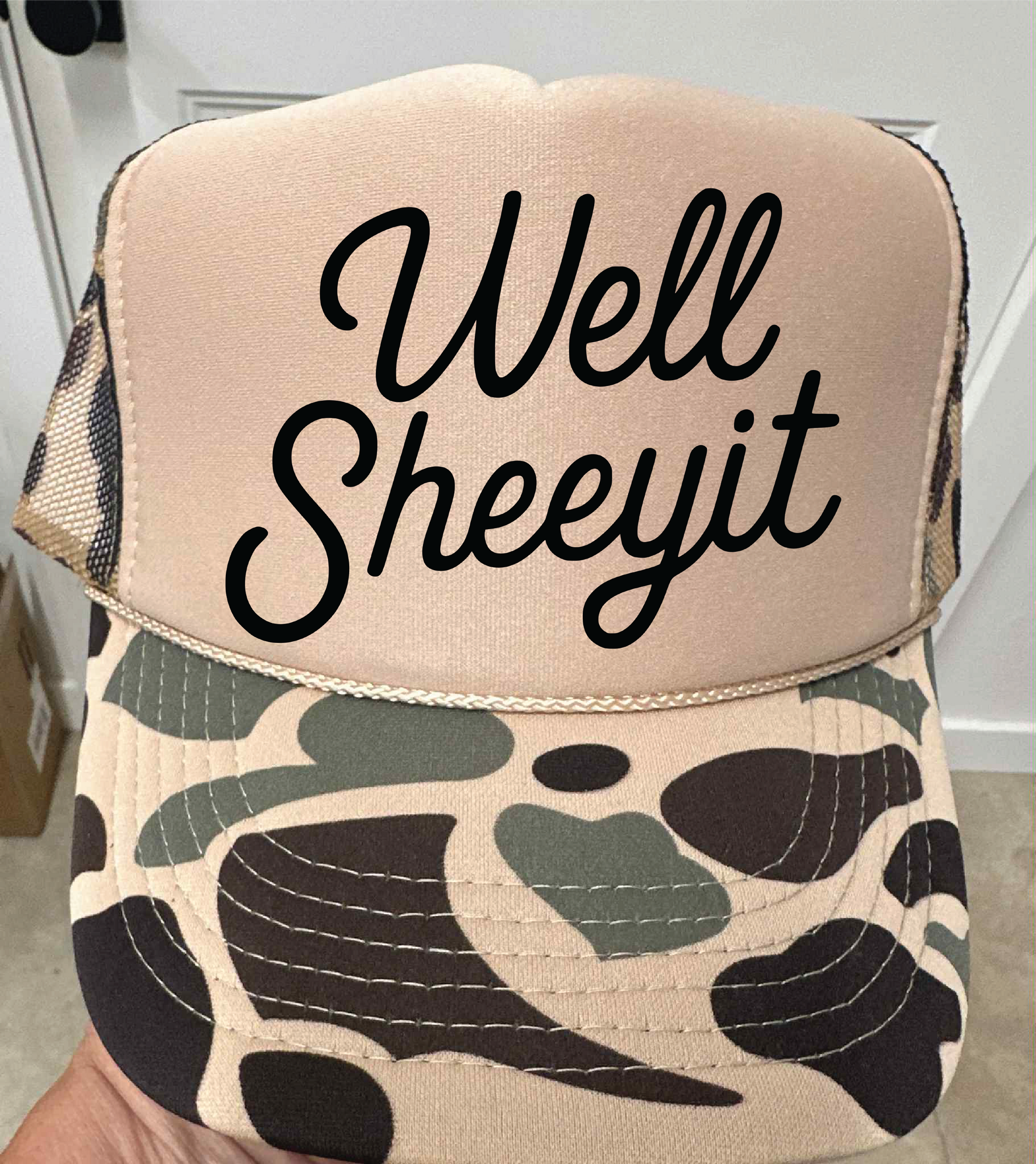 Well Sheeyit DTF Printed Duck Camo and Tan Trucker Hat