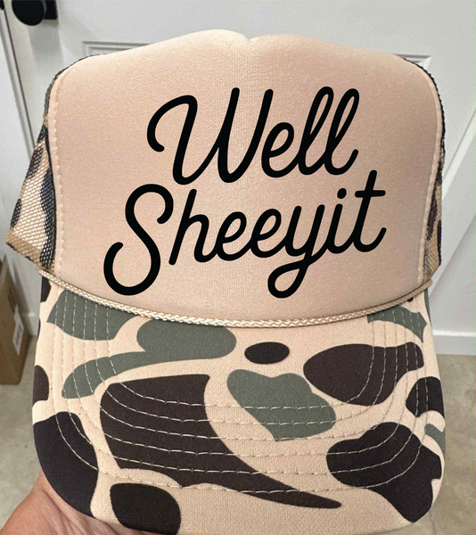 Well Sheeyit DTF Printed Duck Camo and Tan Trucker Hat