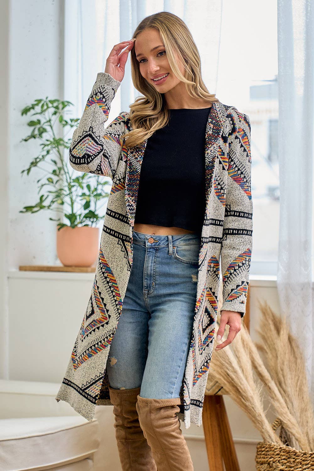 Rainbow Multi Diamond Long Sleeve Long Cardigan WITH HOOD