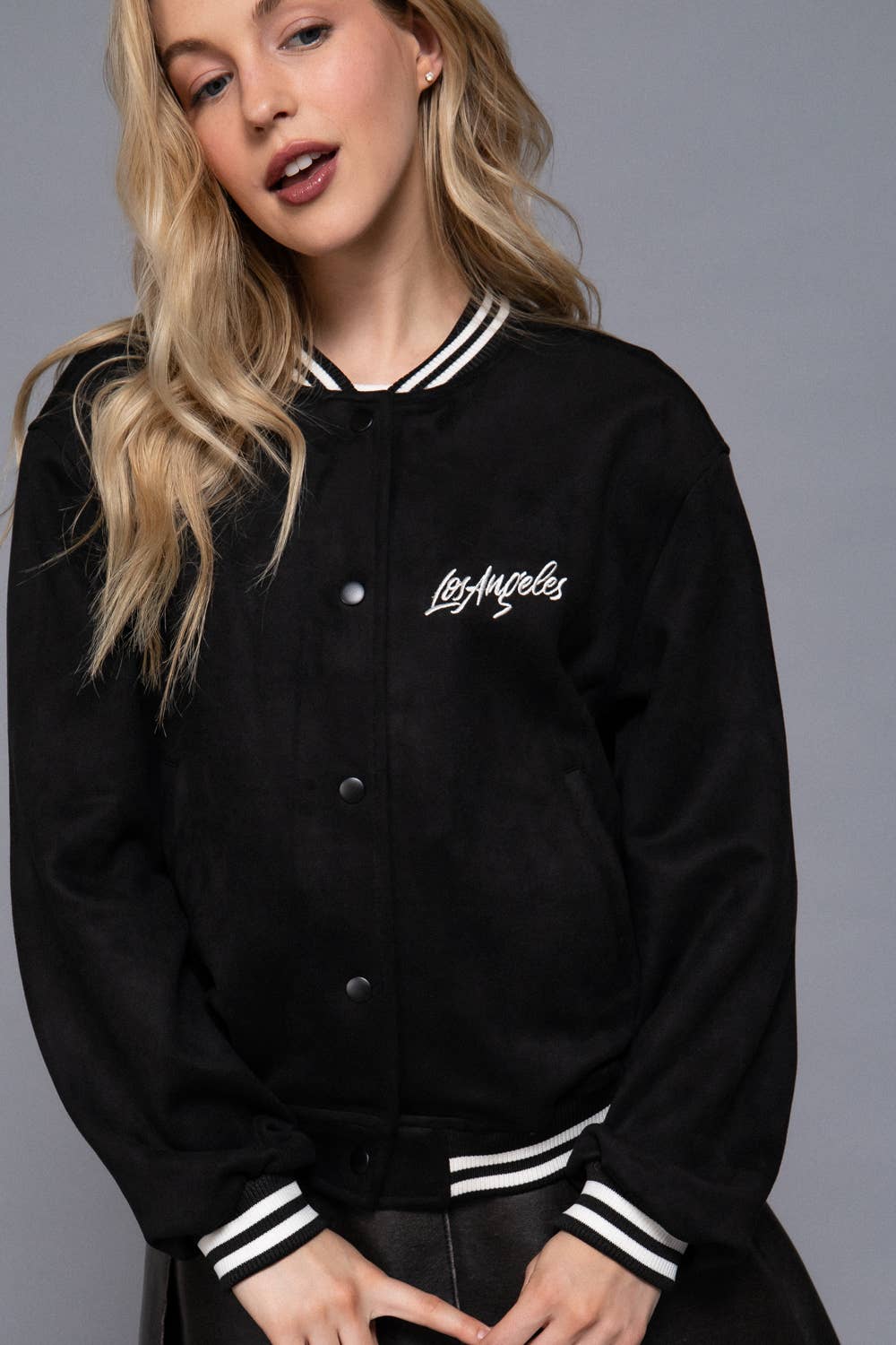Long Sleeve Embroidery Detail Faux Suede Varsity Jacket: BLK