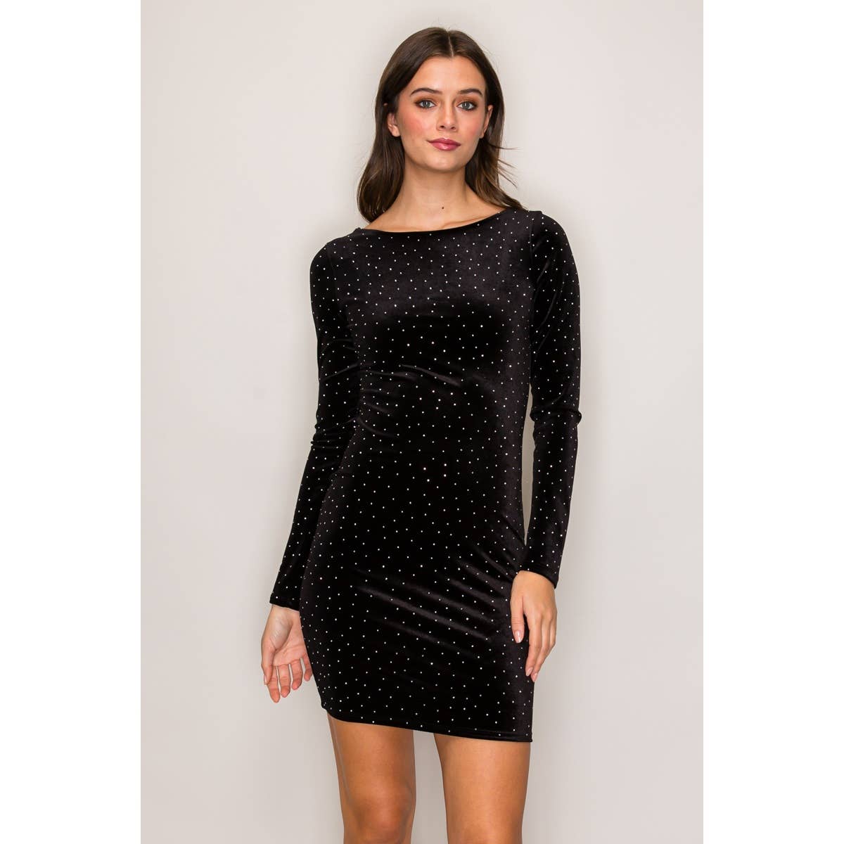 Low Back Studded Velvet Long Sleeve Mini Dress: Black