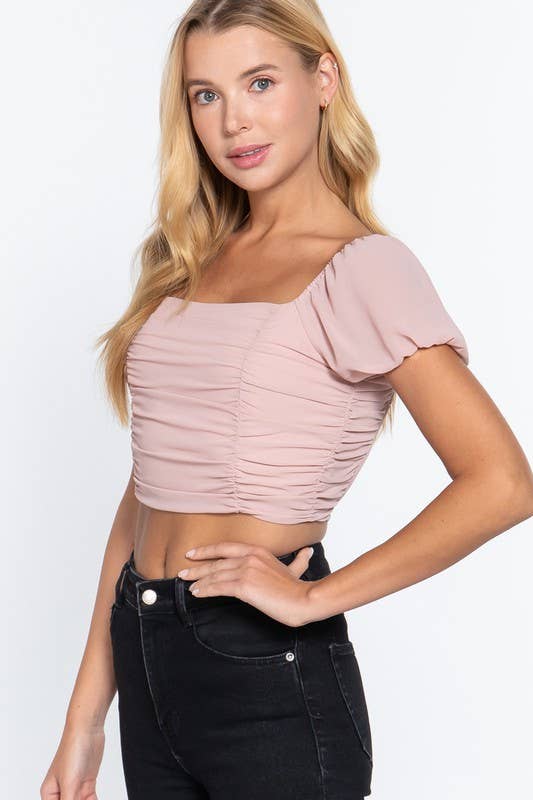 Straight Neck Ruched Cross Back Woven Top: Pnk-Dusty Pink