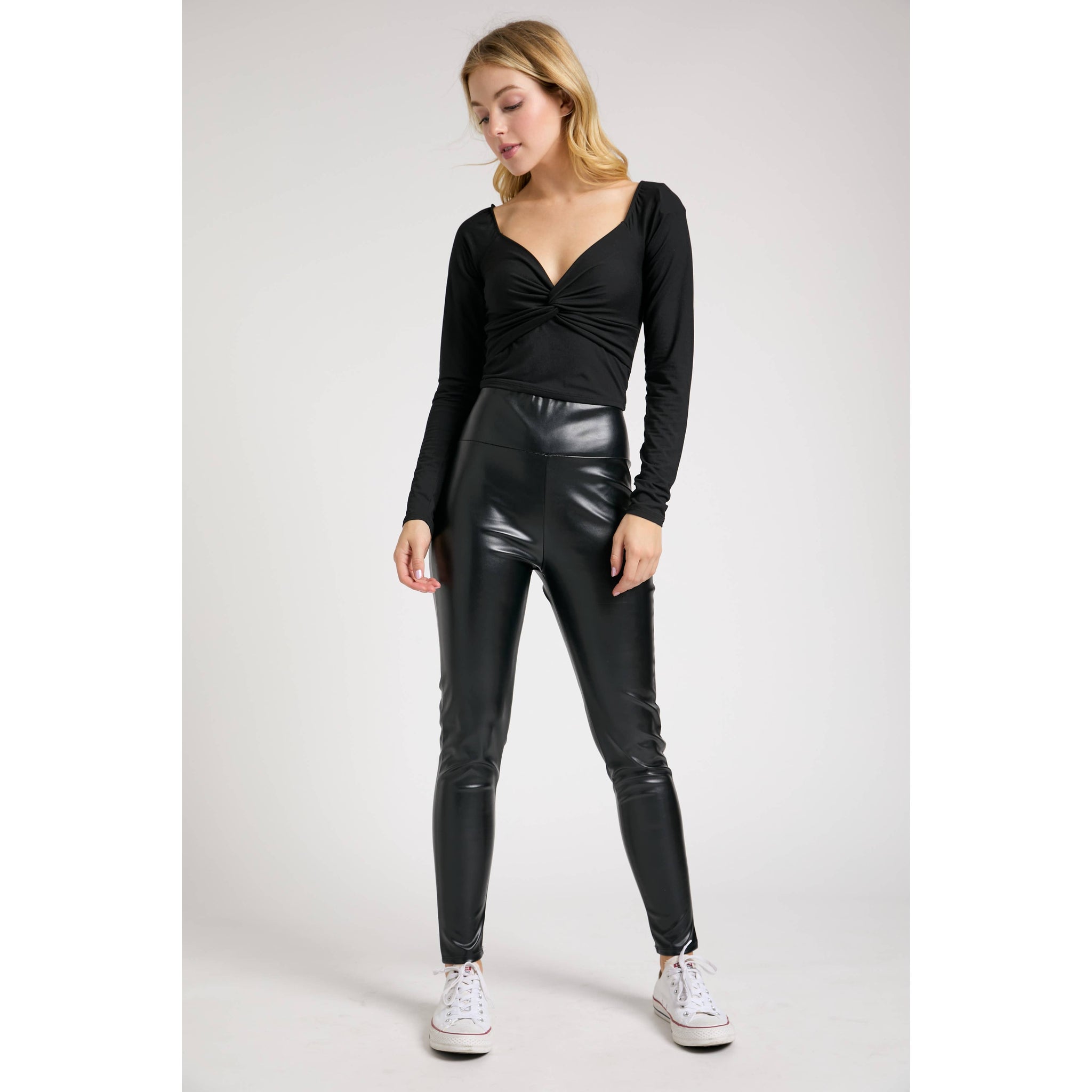 High Wiast Seamed Skinny Faux Leather Long Pants: Black