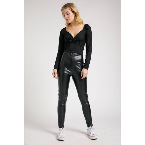 High Wiast Seamed Skinny Faux Leather Long Pants: Black