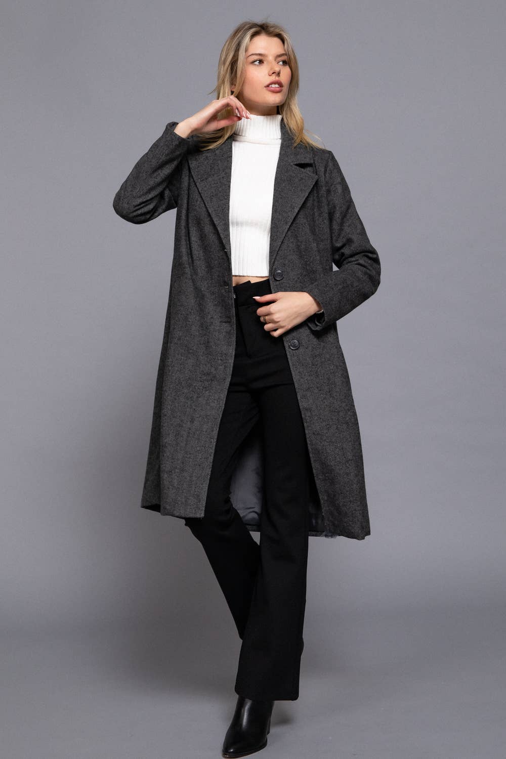 Herringbone Single Breasted Waist Fitted Long Coat: HCH-charcoal