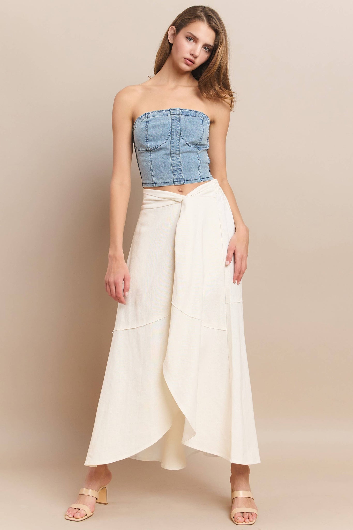 BUSTIER CROPPED DENIM TOP 1493 : LT DENIM