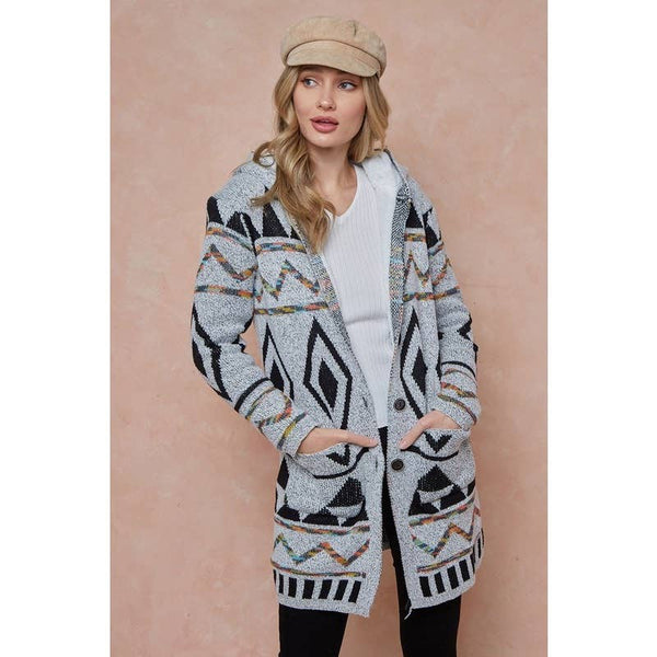 Aztec Rainbow Long Sleeve Hoodie Cardigan w_Sherpa: GREY MULTI