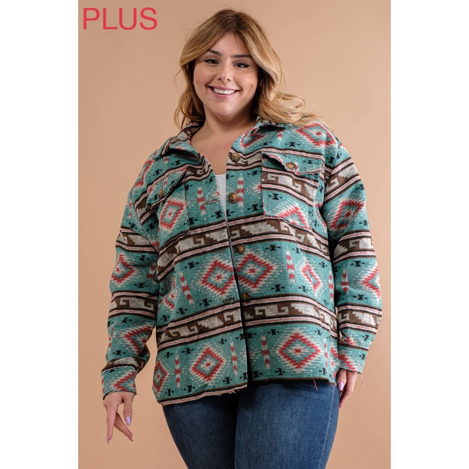 PLUS TRIBAL AZTEC PATTERN BUTTON DOWN SHIRT JACKET: Teal