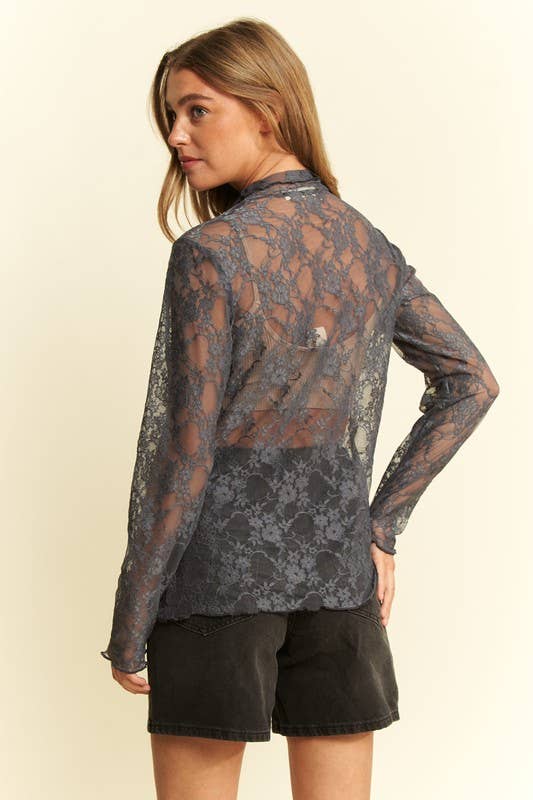 Floral Print Lace Long Sleeve Top KRT1739: CHARCOAL