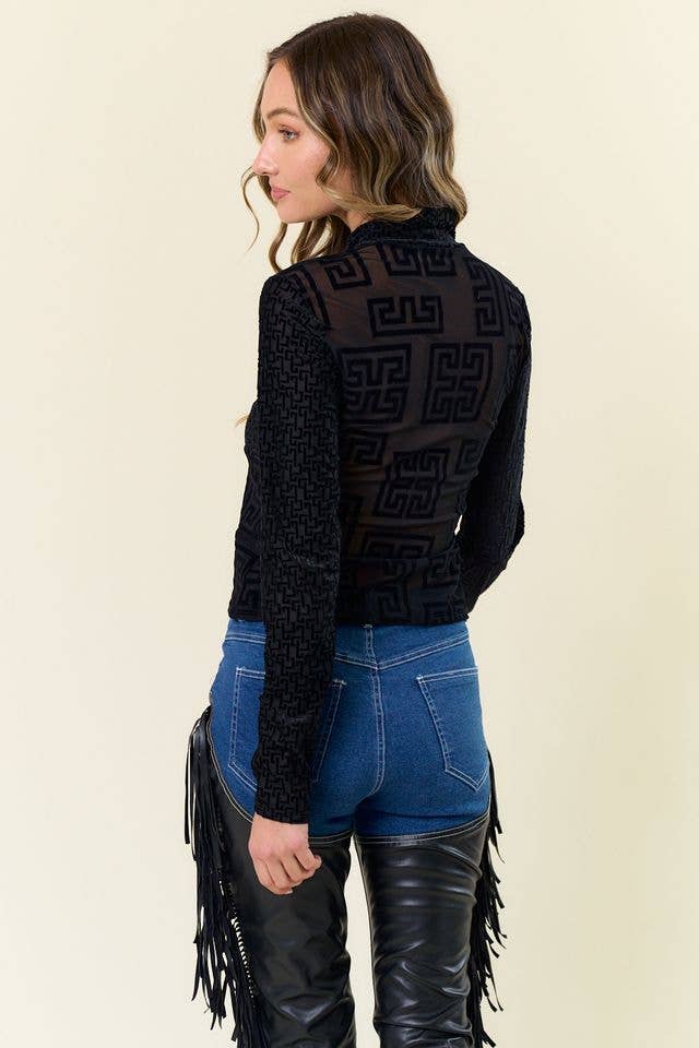 BLOCK MESH MOCK NECK TOP