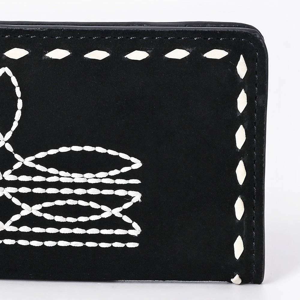 Black Suede Leather Wallet with White Whipstitch Embroidery: ADBG1687A