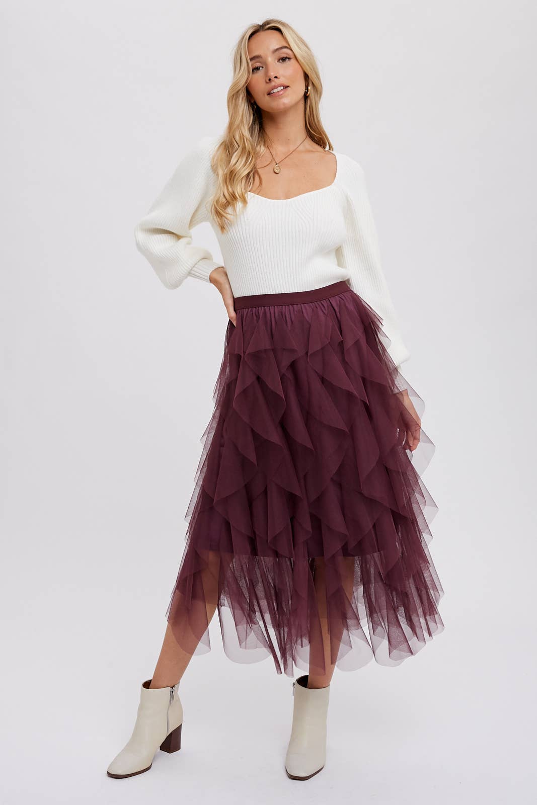 SPRIAL RUFFLED TULLE MIDI SKIRT