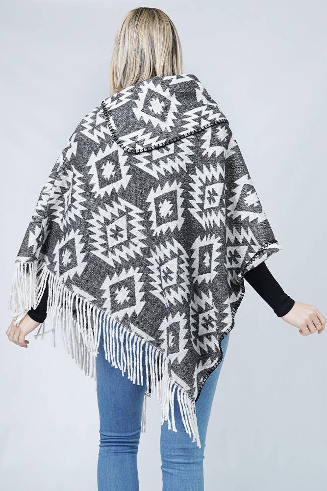 Western Pattern Tassel Poncho: Black