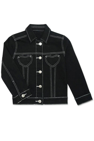 GDJ-18-9624A Girl's Colored Denim Jacket W/ Heart Pkt: Black / 4/5(XXS)