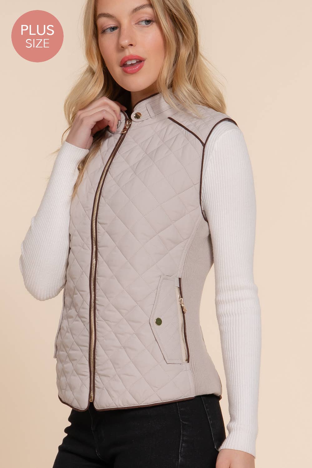 Suede Piping Quilted Padding Vest: TPE-pale taupe