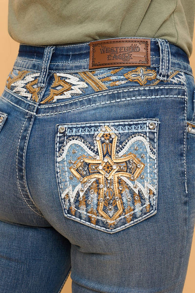 WT-781 BOOTCUT STRETCHY WOMEN'S BLING JEANS WESTFIELD EAGLE : MID SAND WASH