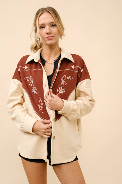 36553J - Western Yoke Embroidered Shirt Jacket: TAUPE BROWN