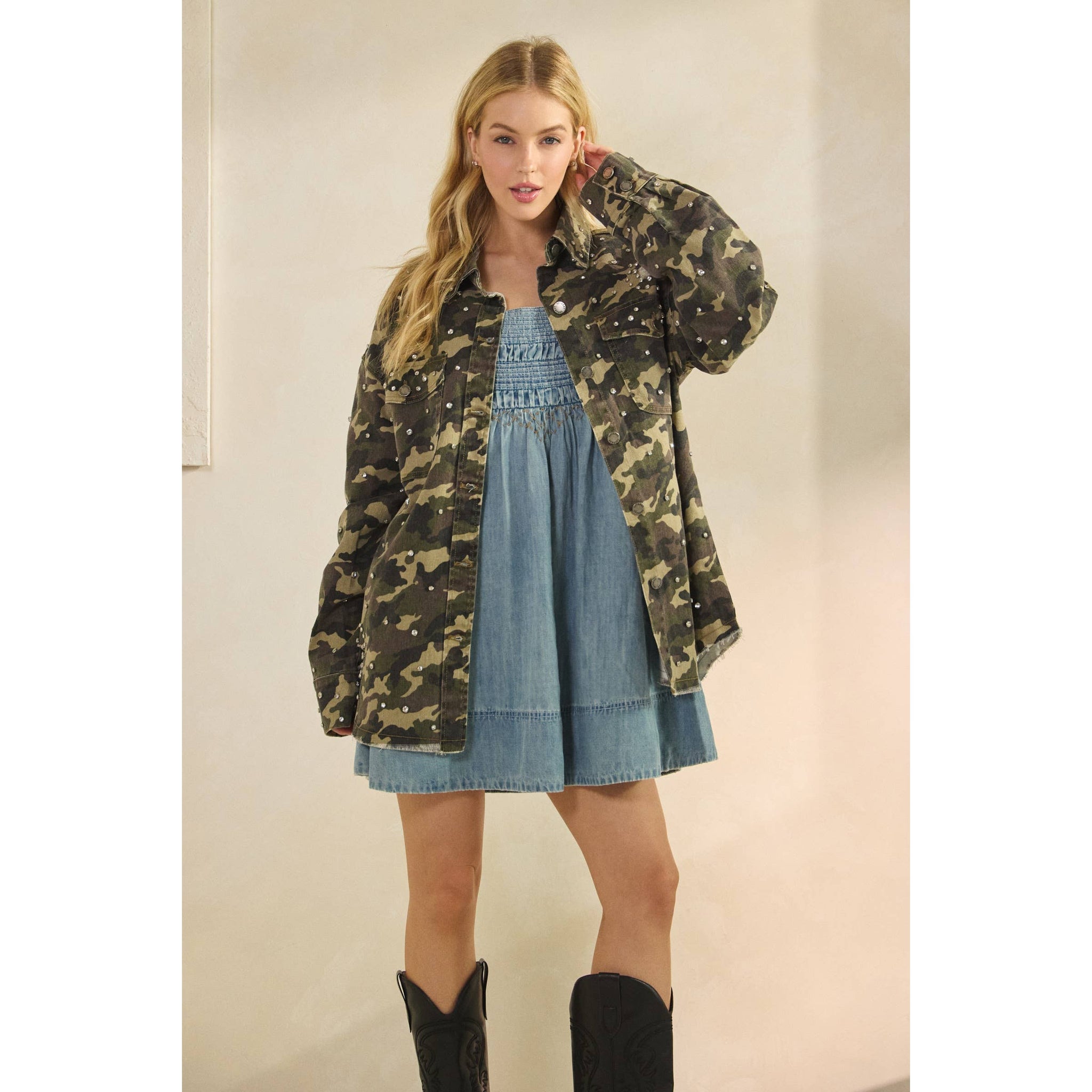 Printed Rhinestone Denim Jacket: Camo