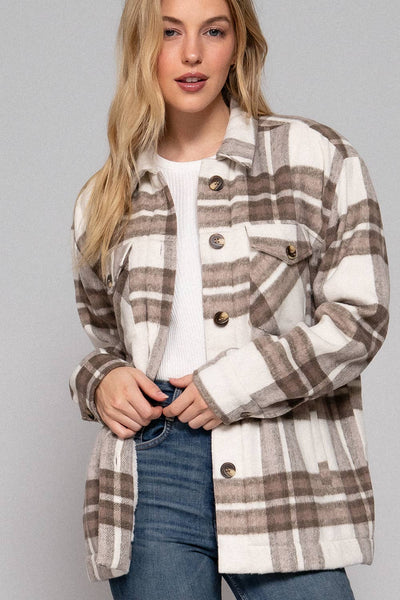 Long Sleeve Inside Faux Fur Brushed Plaid Jacket  : TPE