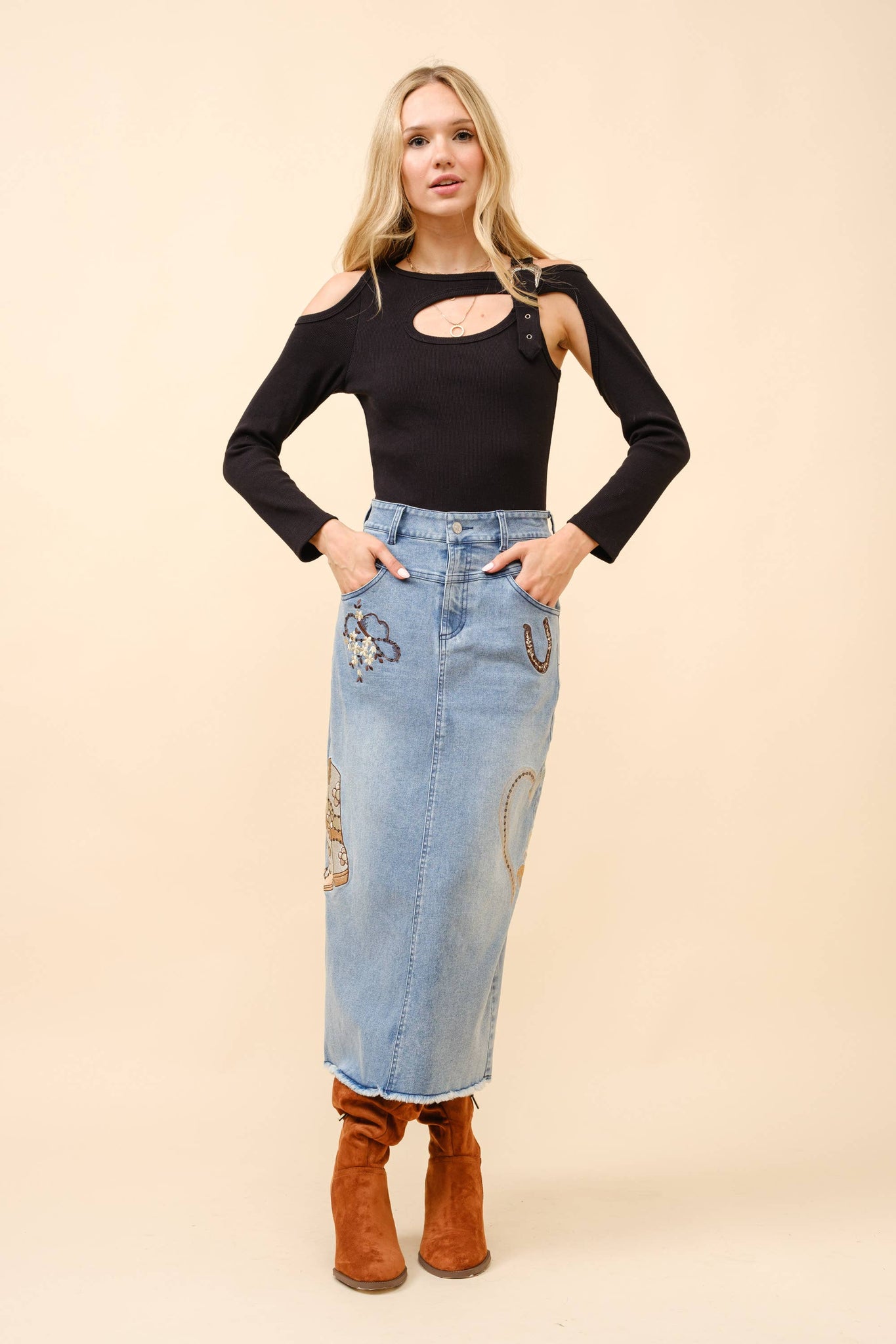 23038S - Western Embroidered Embellished Midi Denim Skirt