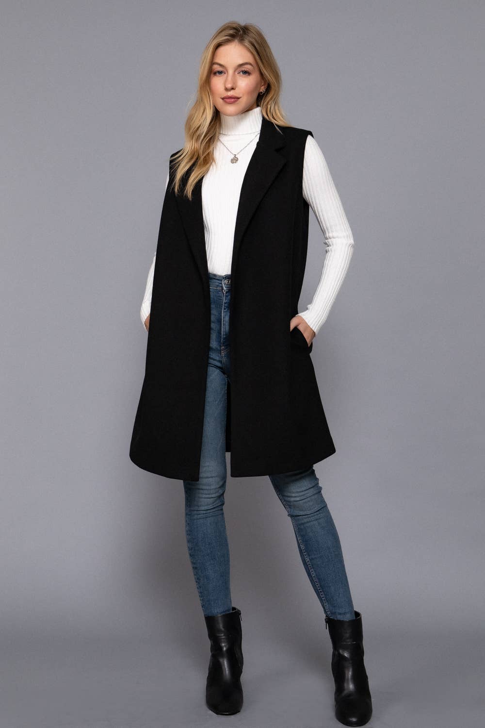 Sleeveless Notched Collar Soft Open Vest: