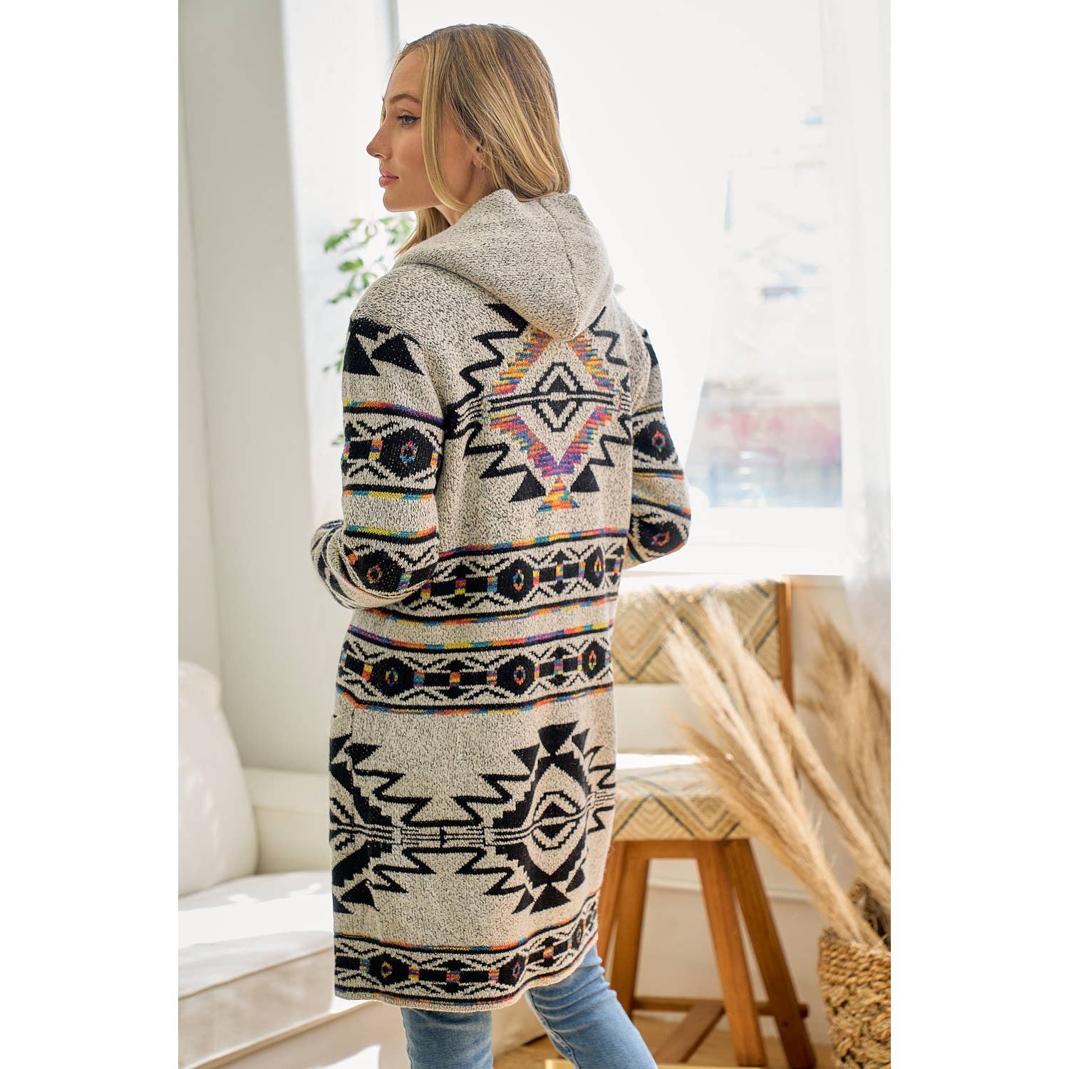 Rainbow Aztec Long Sleeve Hooded Sweater Cardigan: OATMEAL MULTI