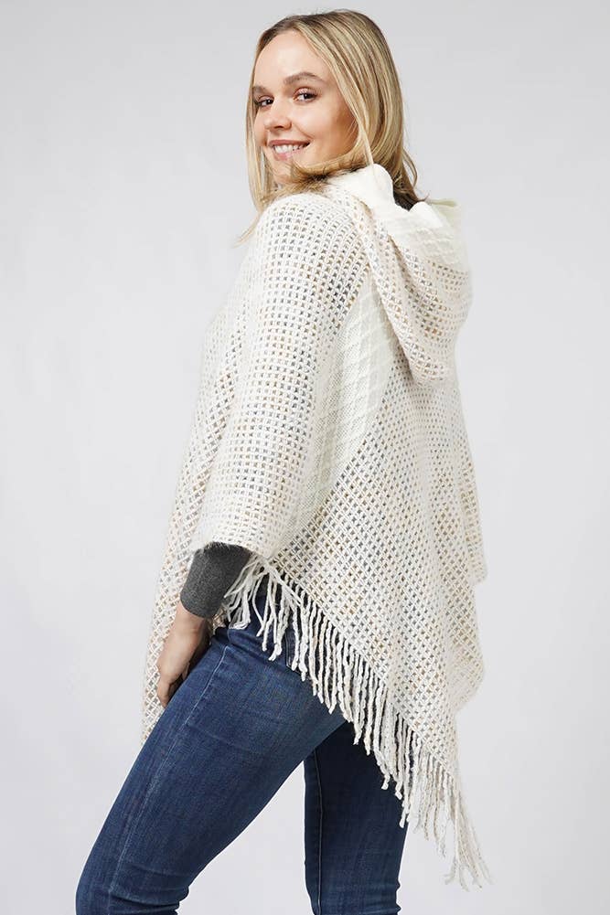 Multi Color Knit Hooded Poncho: Ivory