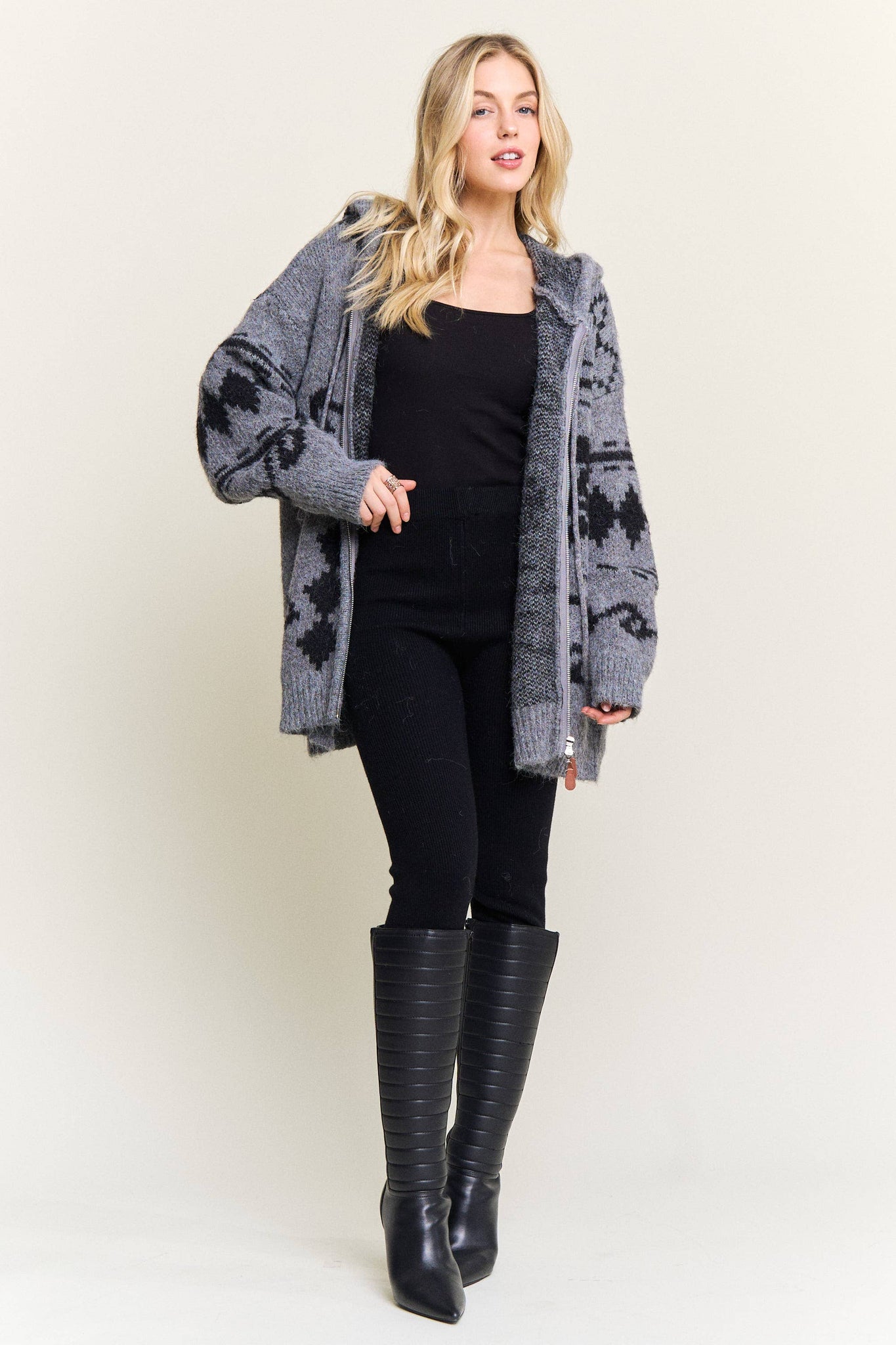 CESW4139-ZIP-UP AZTEC HOODED KNIT CARDIGAN:ONESIZE