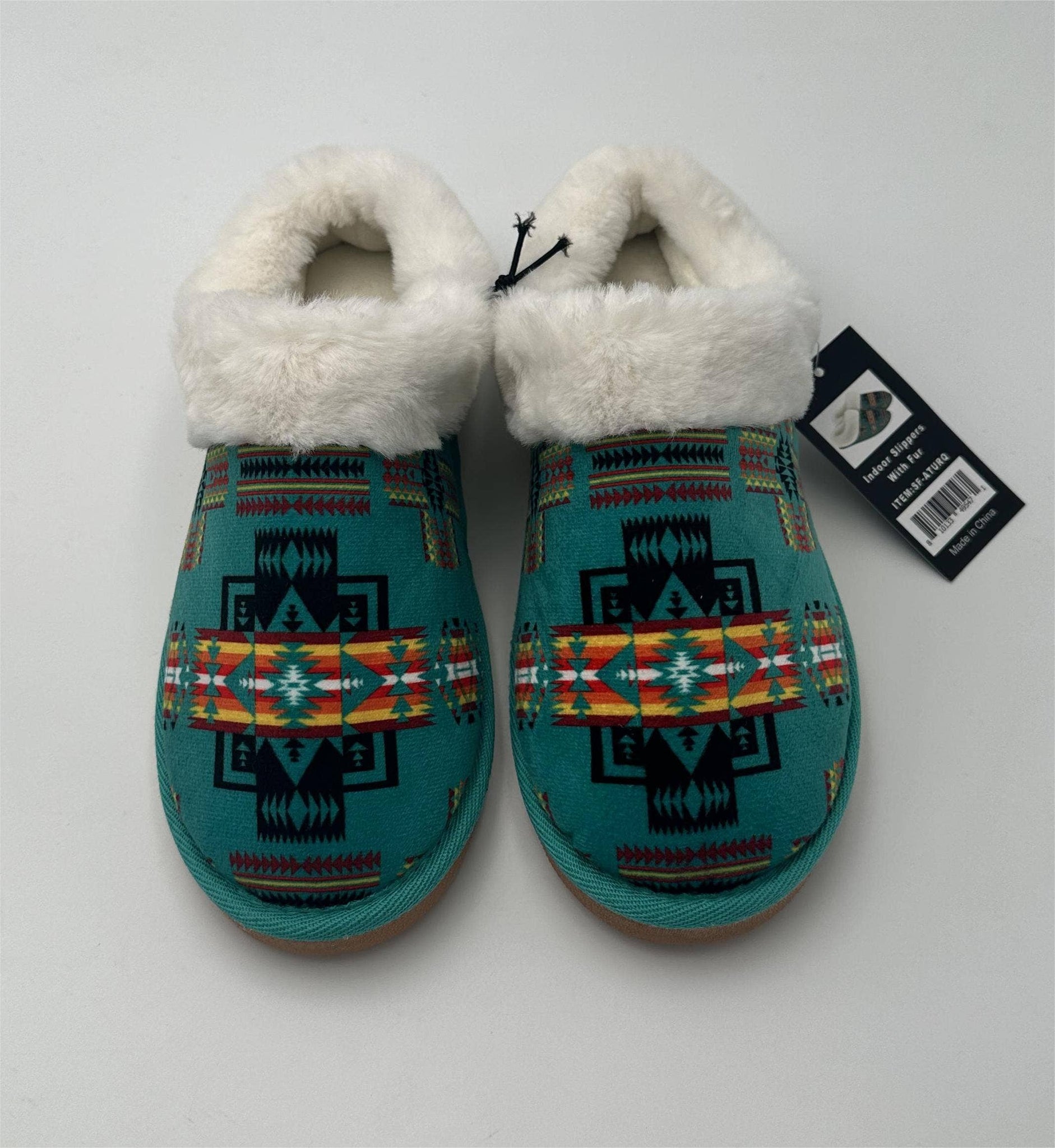 Indoor Slippers With Fur Aztec Turquoise: