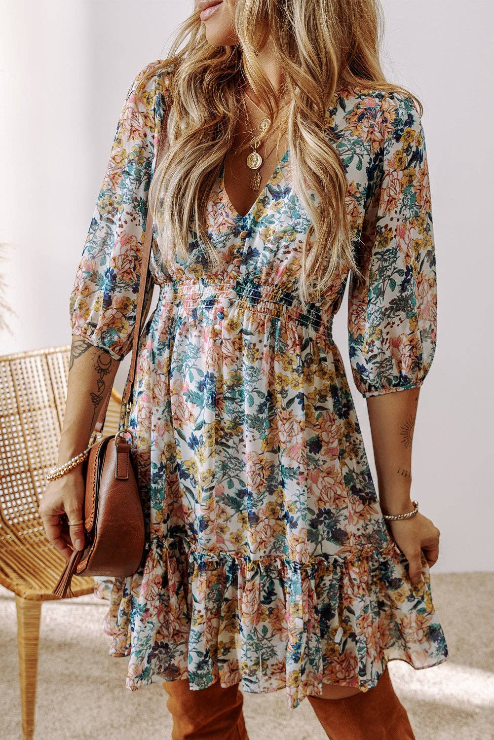 Sky Blue Floral 3/4 Sleeve V Neck High Waist Ruffled Dress: