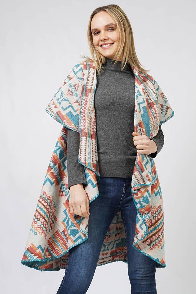 Aztec Reversible Round Shawl Vest: Turquoise