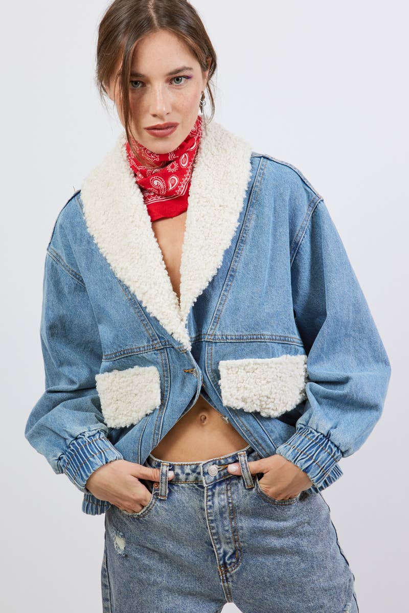 SHAWL COLLAR DENIM JACKET WITH FUR DETAIL S5778A: MEDIUM DENIM / MEDIUM