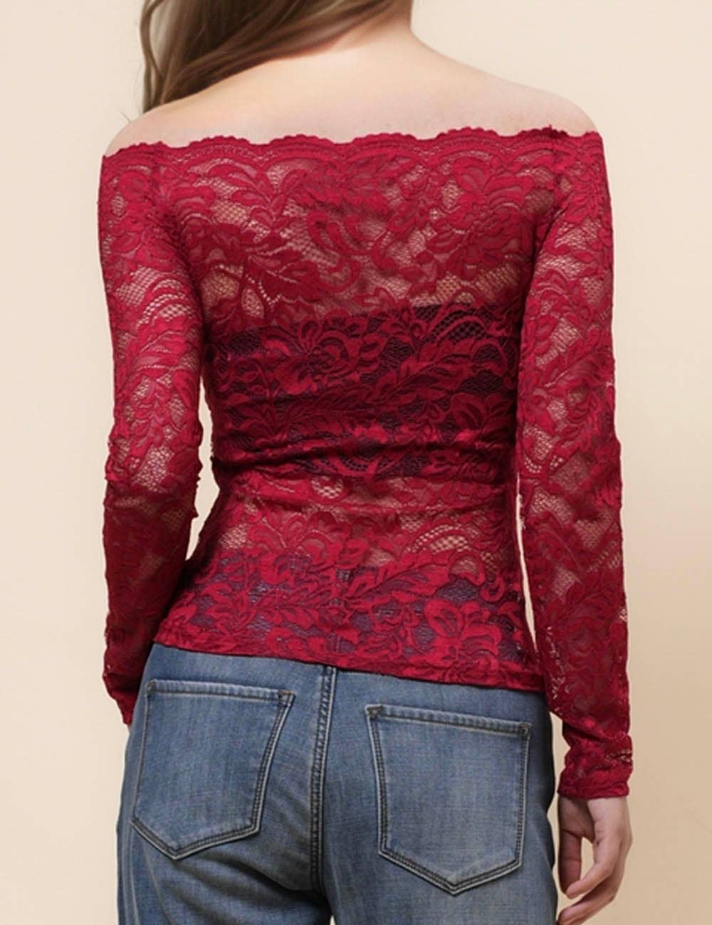 Ladies Floral Lace Off Shoulder See Sheer Layring Top