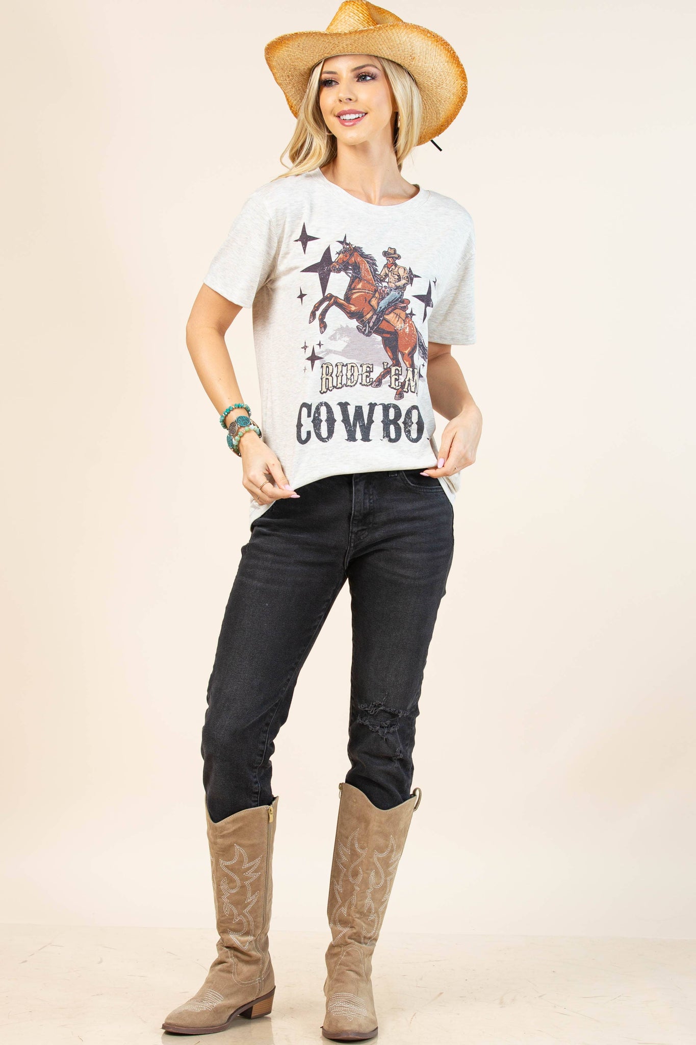 AV1205-PAMELA RIDE'EM COWBOY GRAPHIC T-SHIRT : Oatmeal/Multi / Contemporary