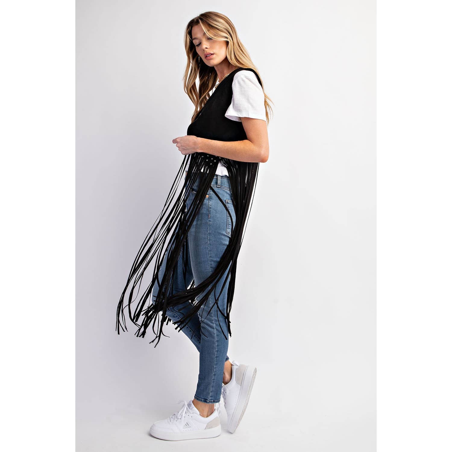 SUEDE STUDDED DETAIL FRINGE HEM VEST: Black