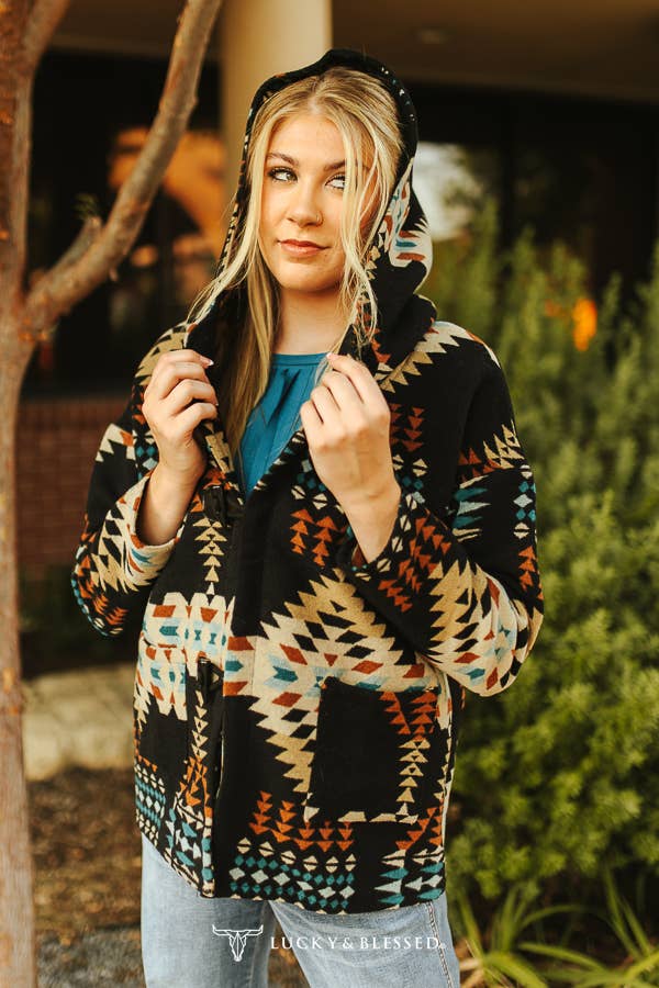 Plus Size Black Aztec Button Down Long Sleeve Hoodie