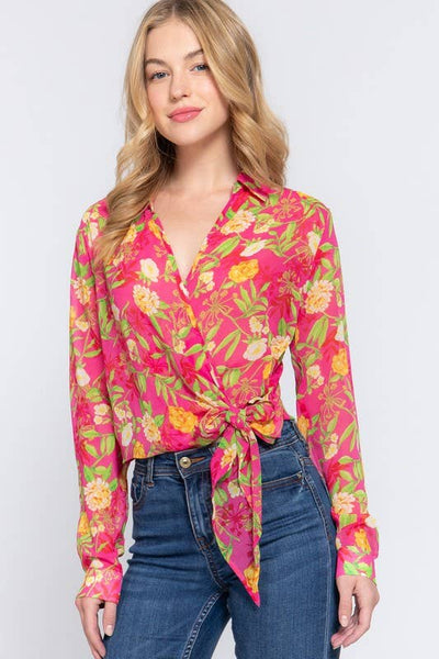 Surplice Floral Print Chiffon Blouse: Hpk-Fuchsia