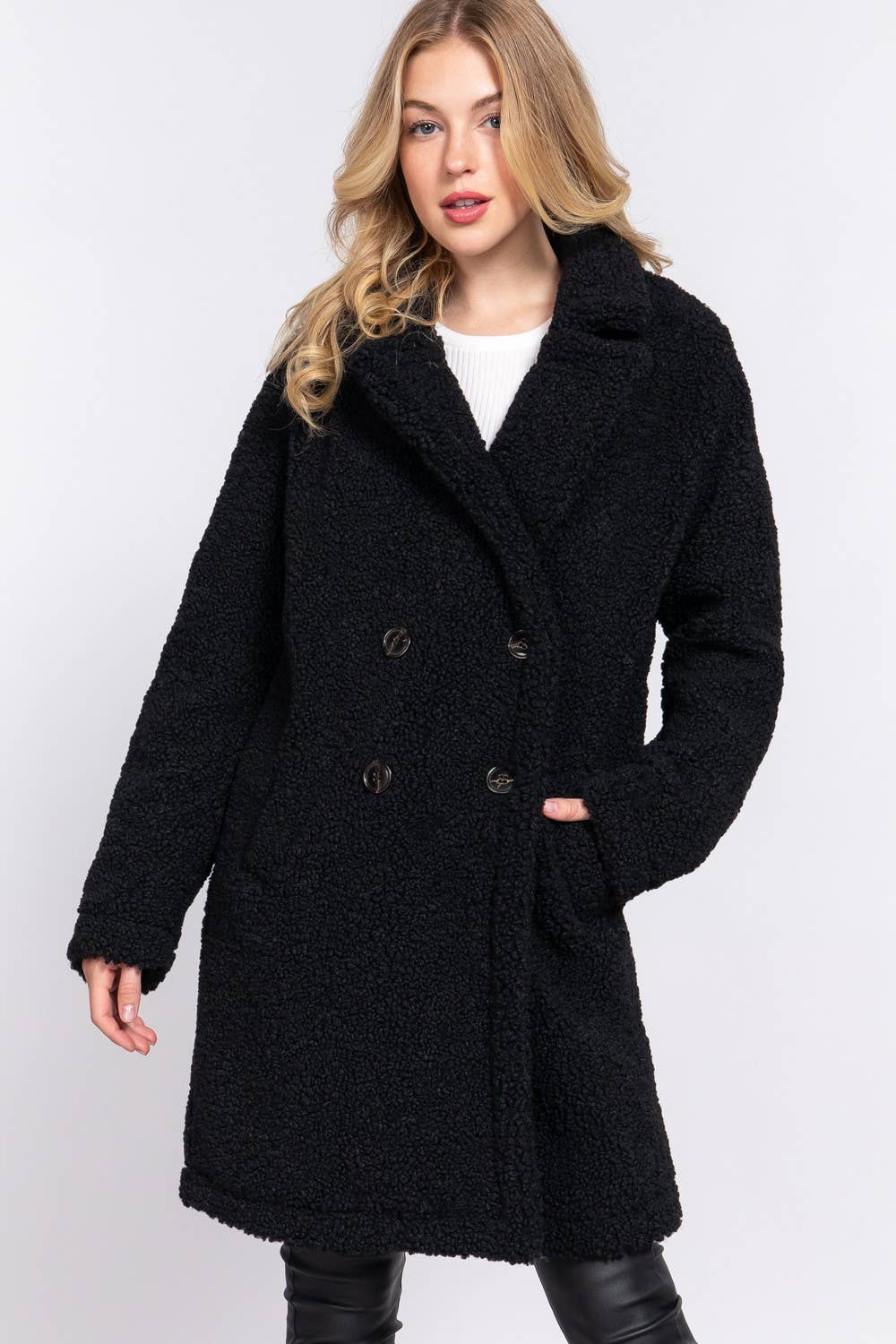 Long Sleeve Double Breasted Faux Fur Teddy Coat: Kha-Camel