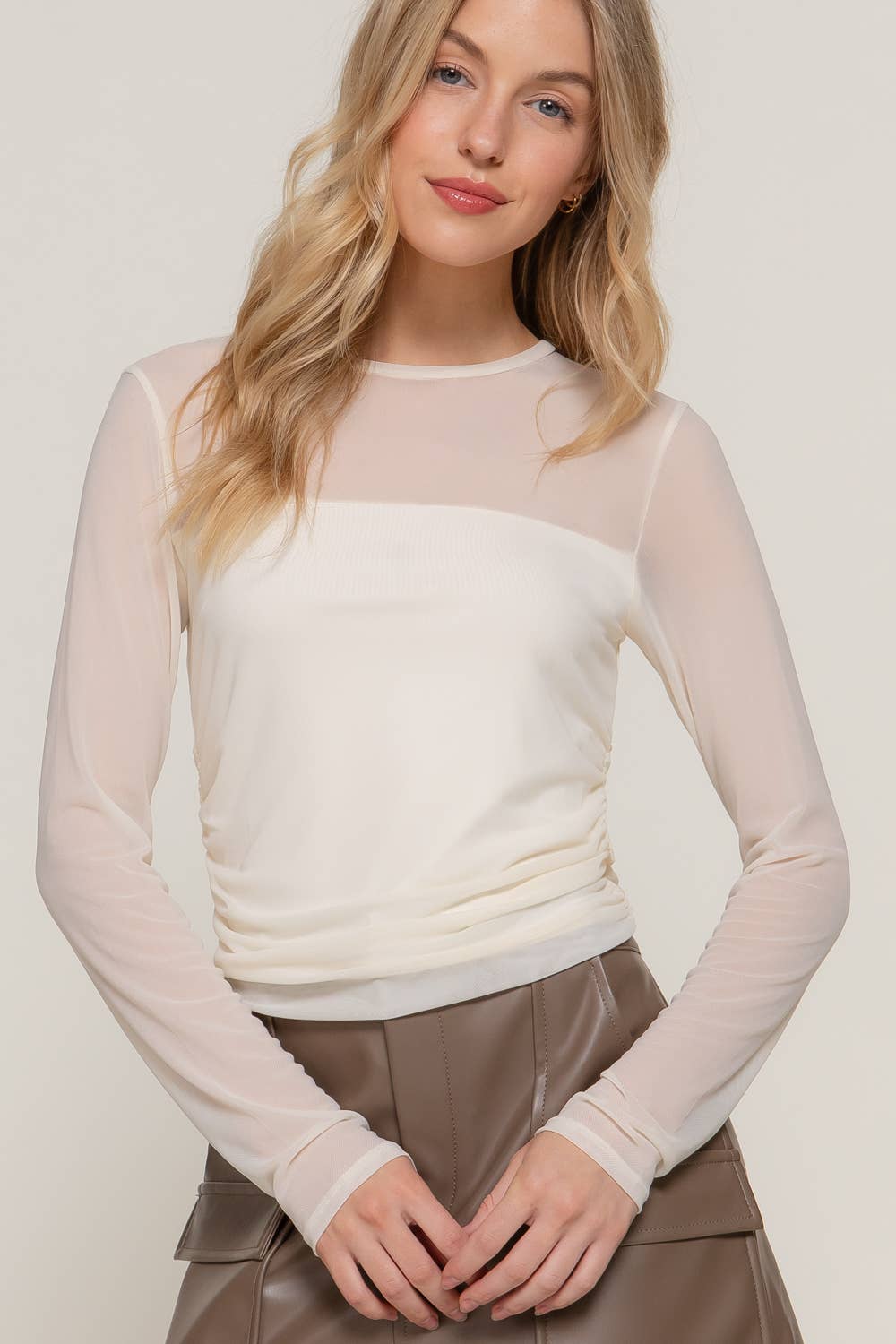 Long Sleeve Crew Neck Side Ruched Detail Mesh Top: Ivory